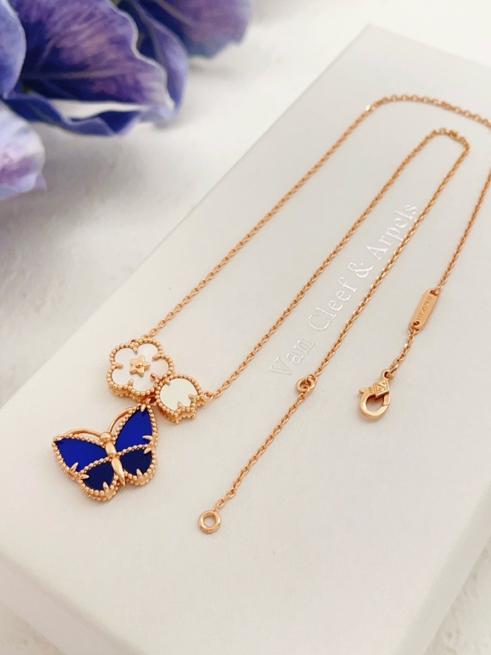 Van Cleef & Arpels Blue and White Butterfly Maxi Dress — Rose Gold Accents